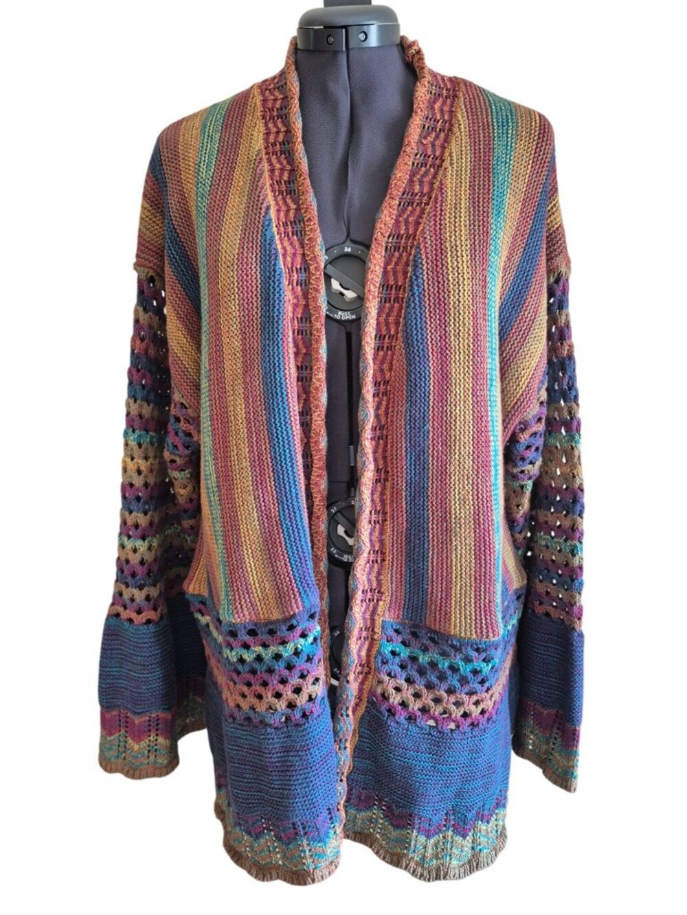 Open Knit Rainbow Cardigan Sweater Crochet Bell Sleeve Women XL Beach Boho Indie